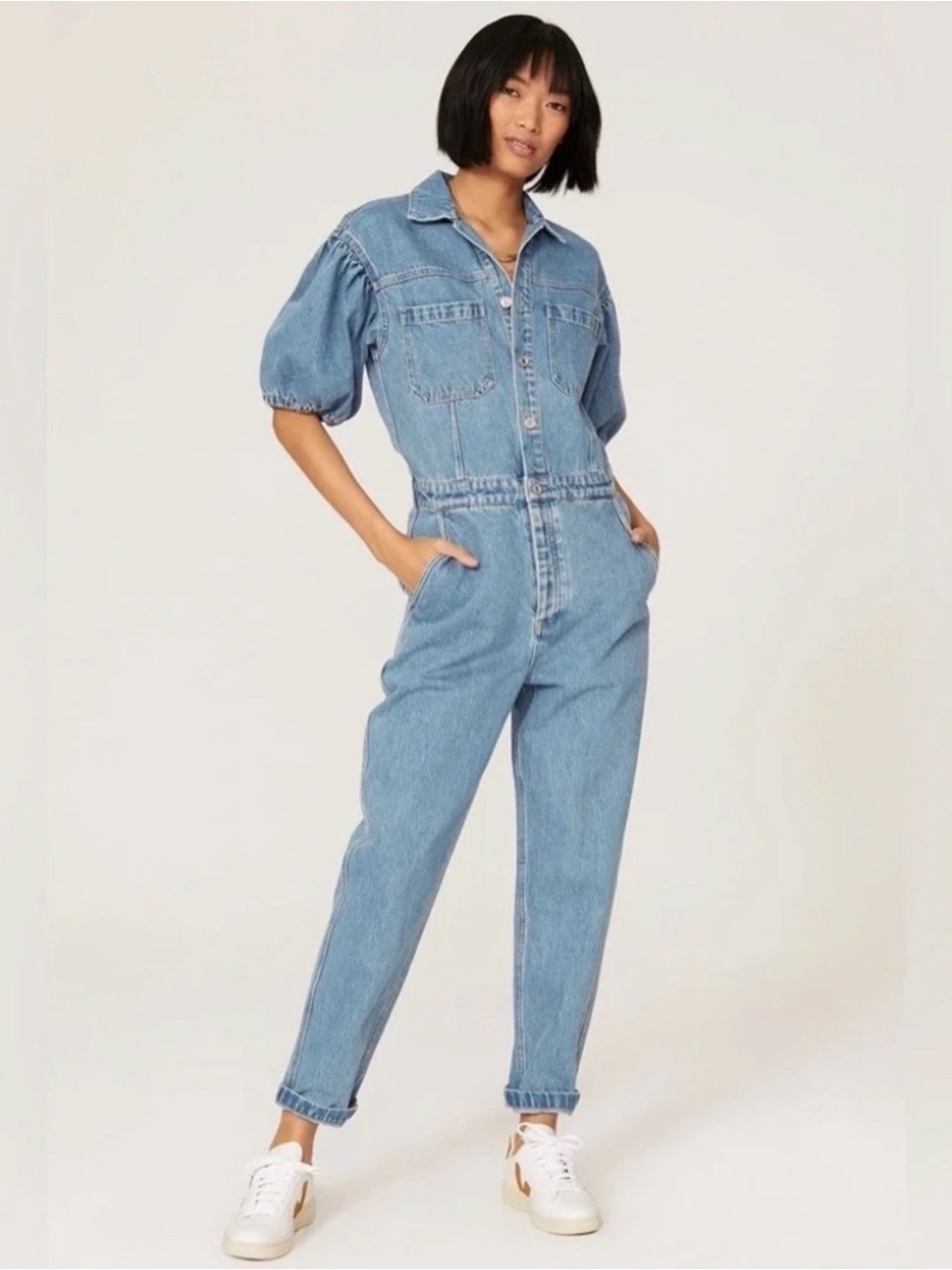 Scotch & Soda Light Blue Denim Puff-Sleeve Jumpsuit